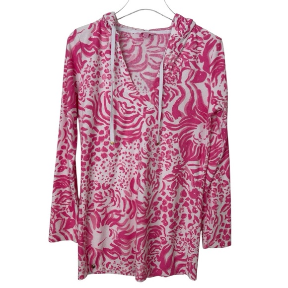 Lilly Pulitzer Megan 'Get Spotted' Tunic Hoodie Pink & White Terrycloth Cover Up - Picture 1 of 10